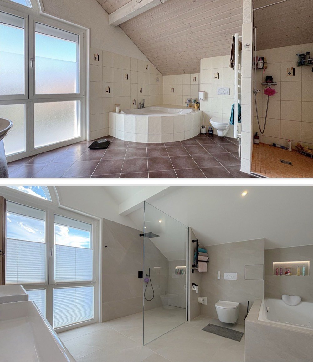 Avant / Après, Fétigny : salle de bains sous combles transformée avec douche à l'italienne, bain encastré et WC suspendu — rénovation pilotée par Invatis