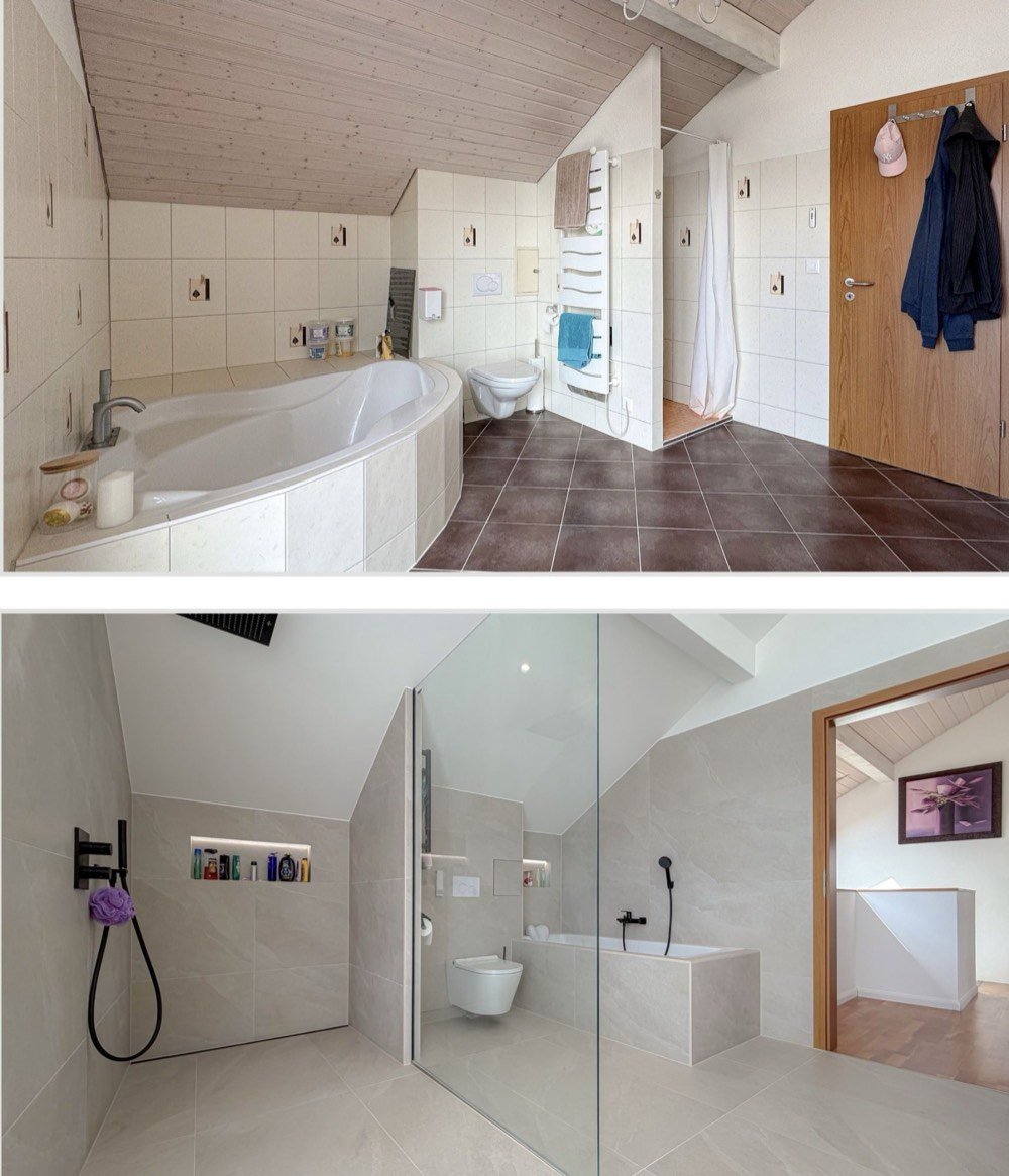 Avant / Après, Fétigny : douche à l'italienne avec paroi de verre, niche éclairée et bain encastré — rénovation pilotée par Invatis