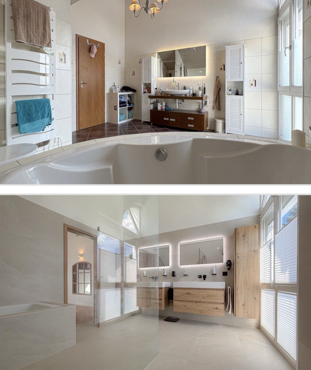 Avant / Après, Fétigny : double vasque en chêne, miroirs lumineux et douche à l'italienne sous combles — rénovation pilotée par Invatis