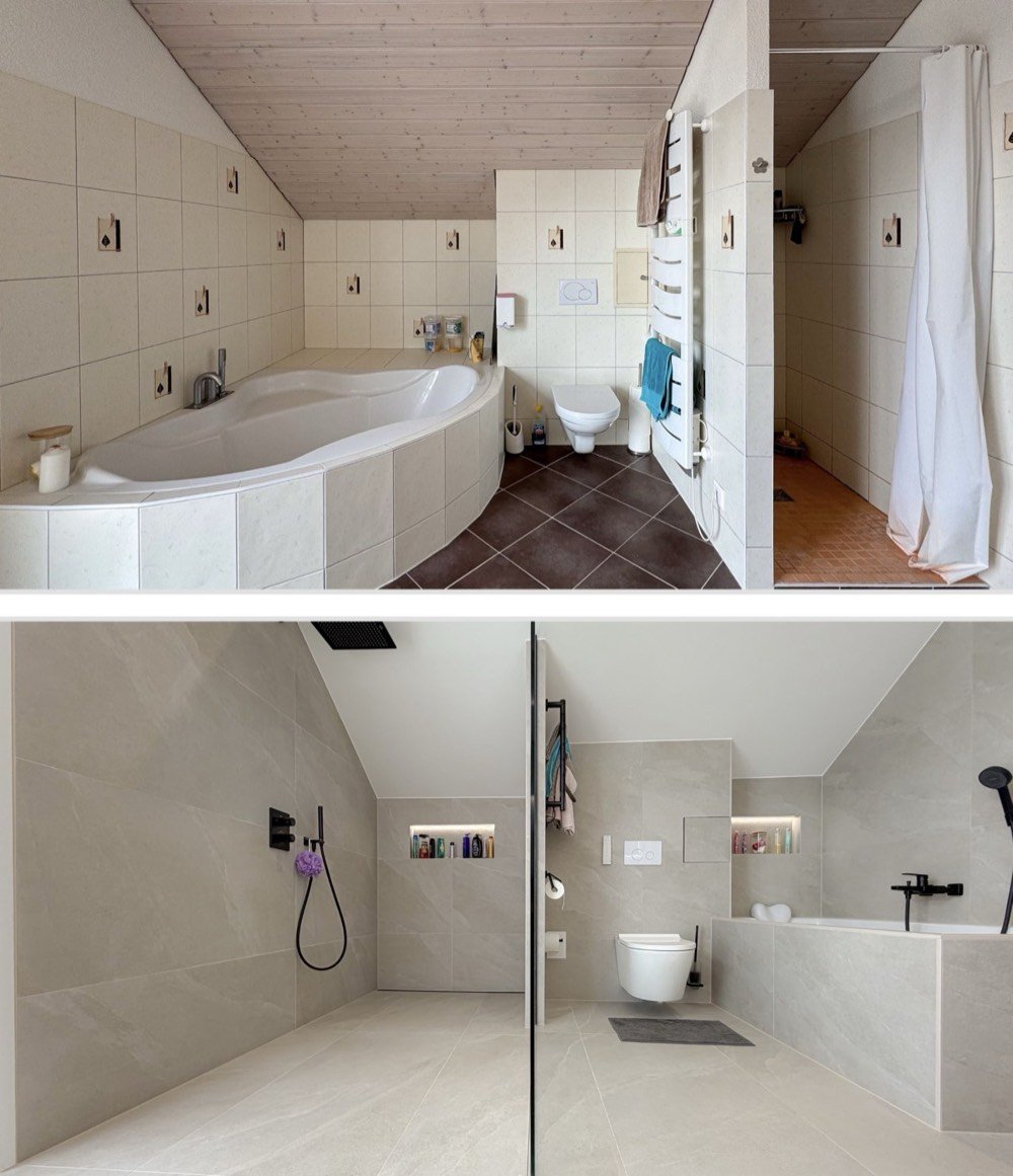 Avant / Après, Fétigny : douche à l'italienne avec niche éclairée, WC suspendu et robinetterie noire