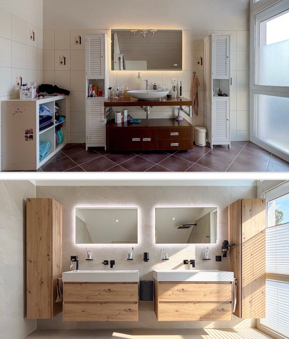Avant / Après, Fétigny : ancien meuble de salle de bains remplacé par une double vasque en chêne et deux miroirs lumineux